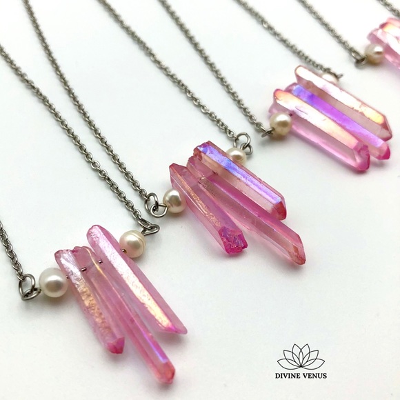 Angel Aura Pink Quartz x Pearls Necklace | Stainless Steel Chain - Picture 6 of 15